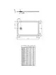Brausewanne von Ideal Standard mit rechteckiger Form, Abmessungen und Details zur Installation, einschließlich Ablaufposition und Montagehinweisen.